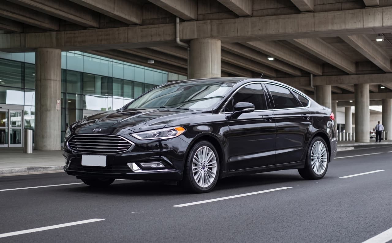 Illustrative black Ford Fusion at a composed airport curbside pickup setting in São Paulo