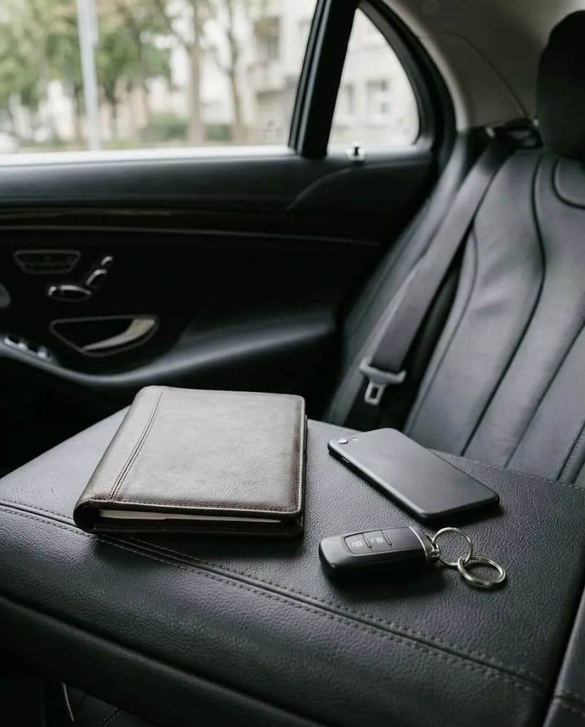Illustrative leather travel folio, face-down phone, and car key prepared for protective intelligence review