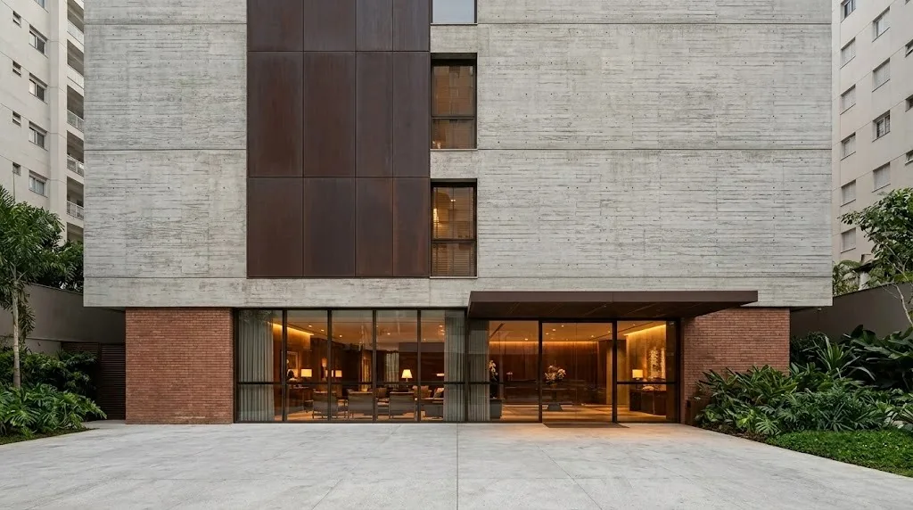 Illustrative hotel and venue entrance façade in São Paulo