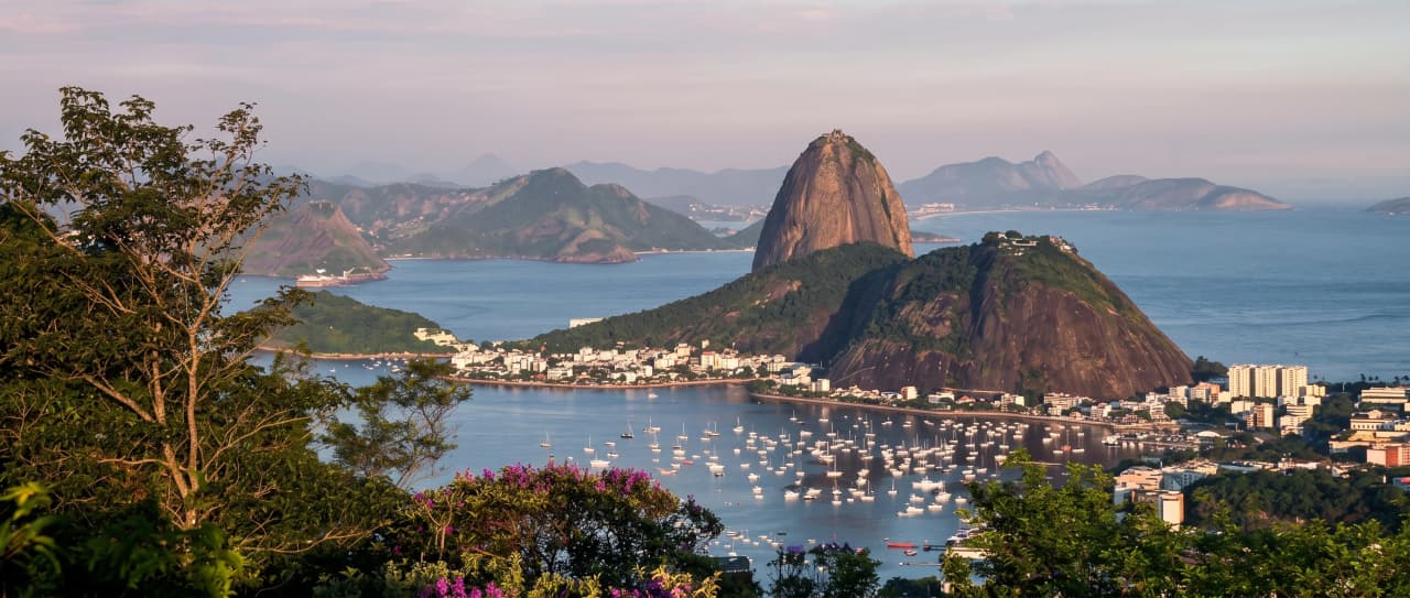 Rio de Janeiro bay view toward Sugarloaf Mountain with marina and coastal skyline